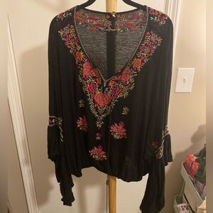 Free People Black Top with Colorful Embroidery